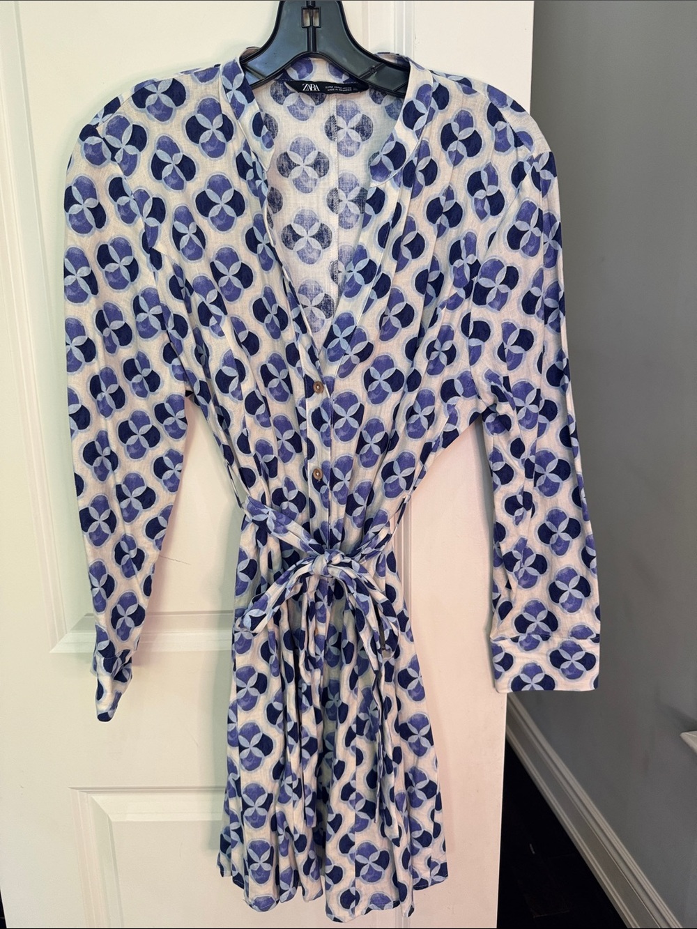 Zara linen White and Blue Floral Tie-Front Dress